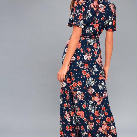 Lulu's Divine Days Navy Blue Floral Print Wrap Maxi Dress S - Picture 2 of 14